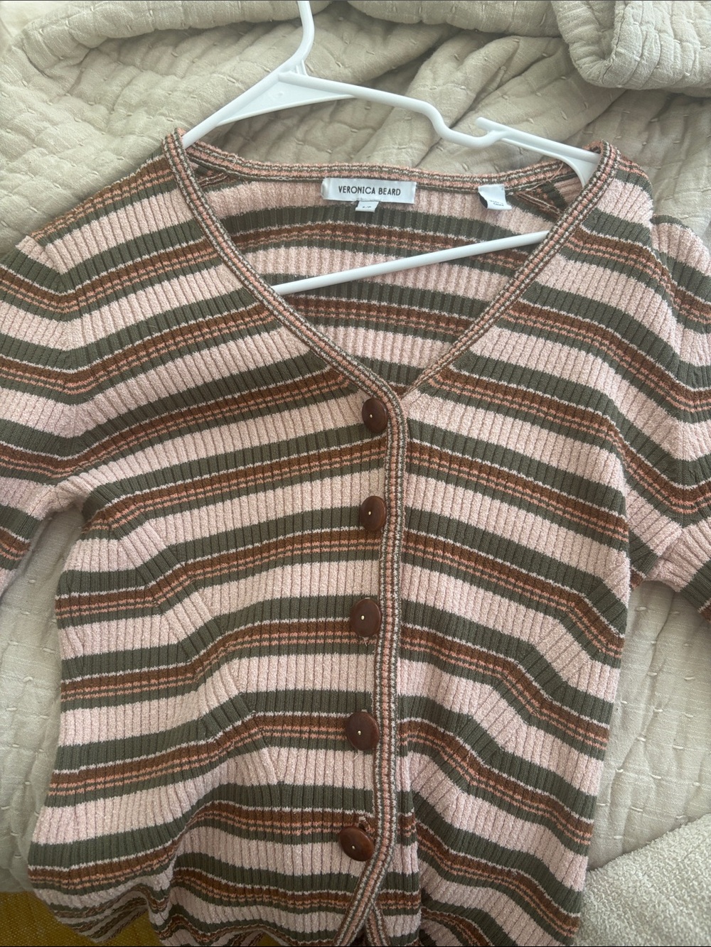Veronica Beard Pink, Brown & Olive Striped Ribbed Button Cardigan